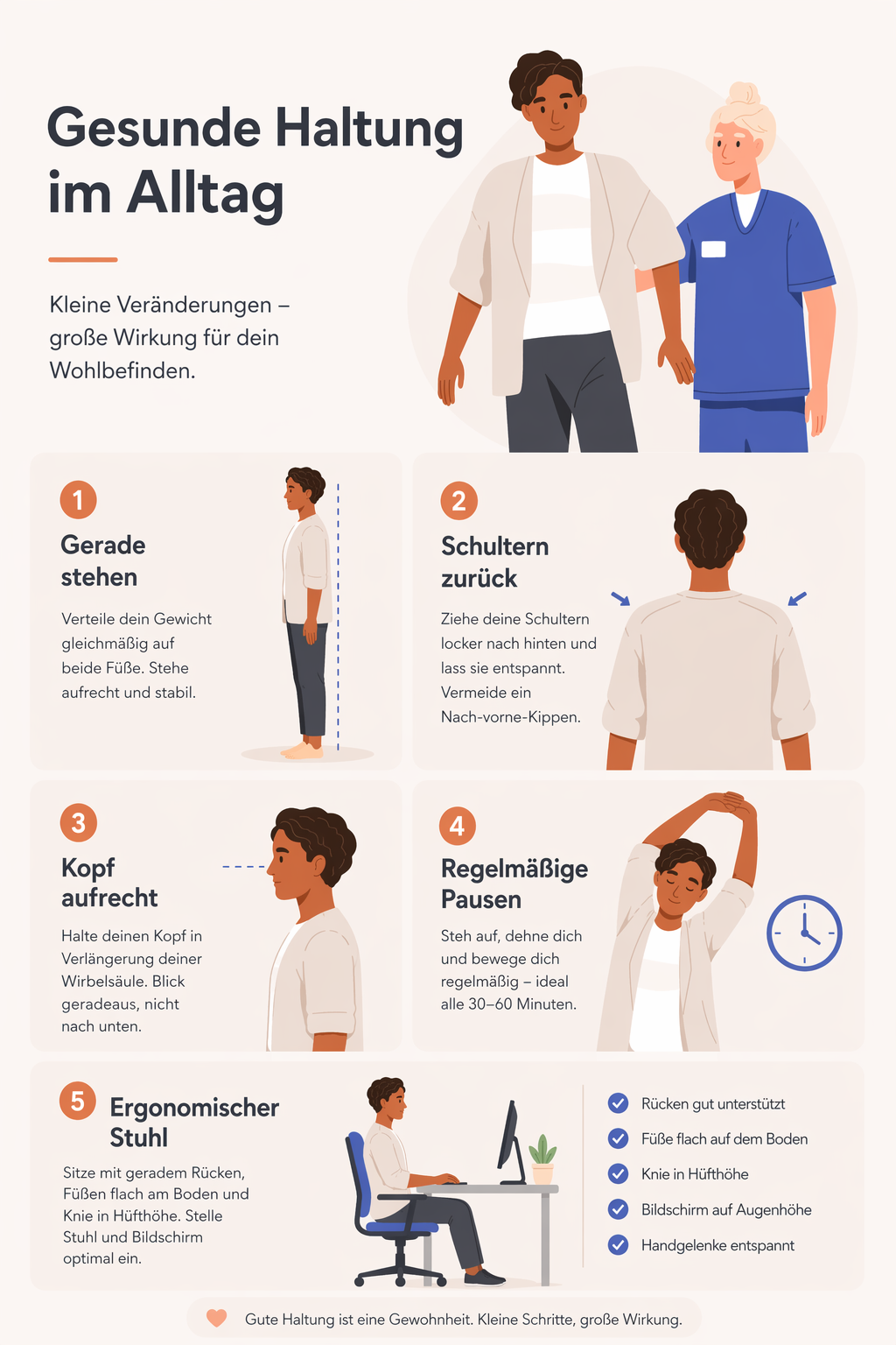 Infografik: Tipps für eine gesunde Haltung im Alltag – gerade stehen, Schultern zurück, Kopf aufrecht, regelmäßige Pausen, ergonomischer Stuhl